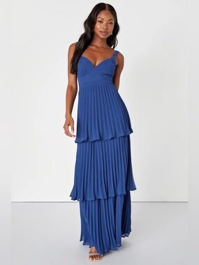 Luxe Perfection Blue Pleated Tiered Backless Maxi Dress